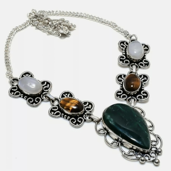 New Nephrite, Tiger Eye and Rainbow Moonstone Silver Necklace. - Picture 2 of 16